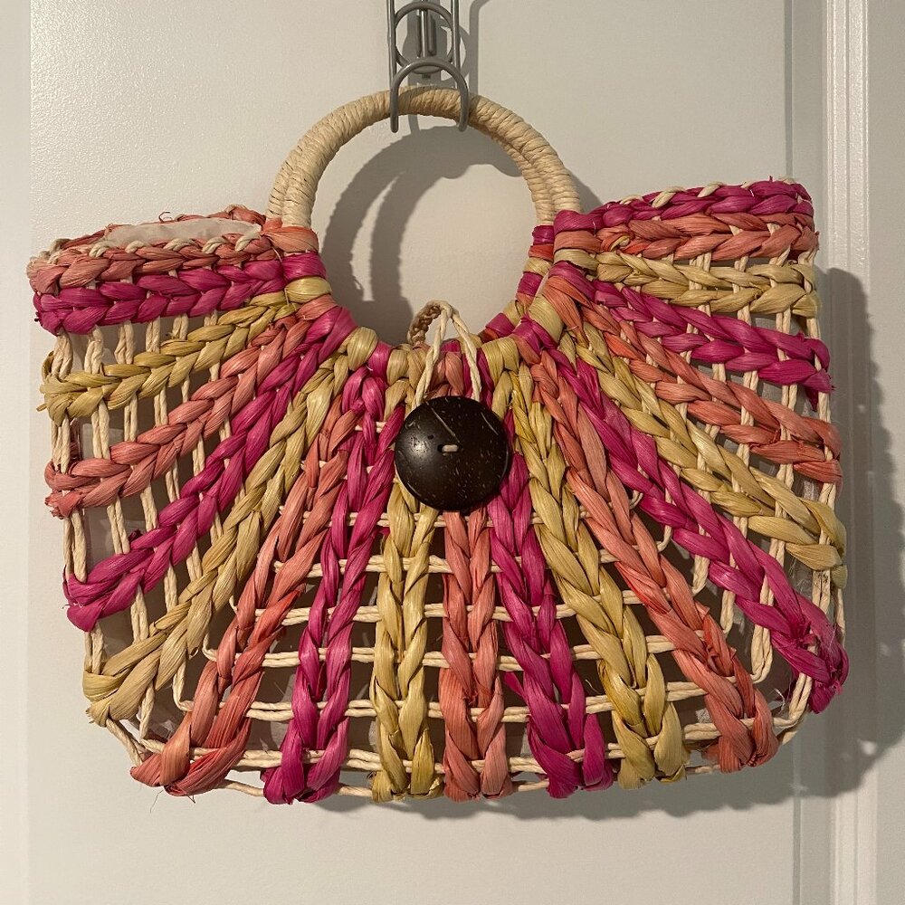 Handwoven Lined Inside Straw Tote (Pink, Orange, Yellow)